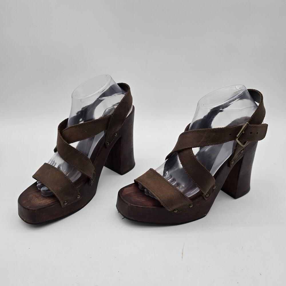 Vintage Y2K Heels Womens 10 Brown Leather Heels Chunky Platform Bongo Shoes Stud
